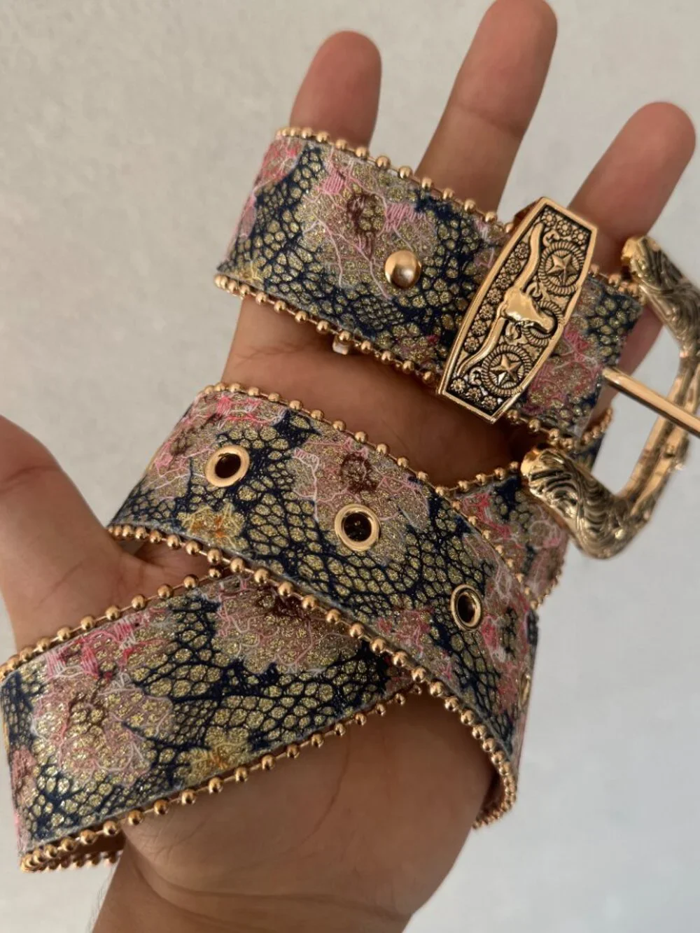 Pink Floral Jacquard Gold Western Buckle Belt